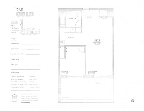 Floor plan for 1 bed, 1 bath, 518 sqft